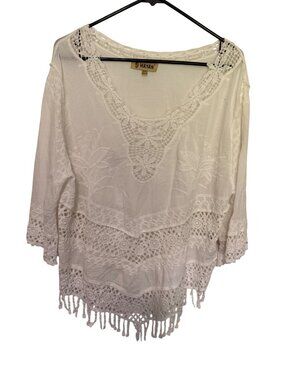 Wayan Top Embroidered Mexican Boho Fringe Trim White Womans XL
